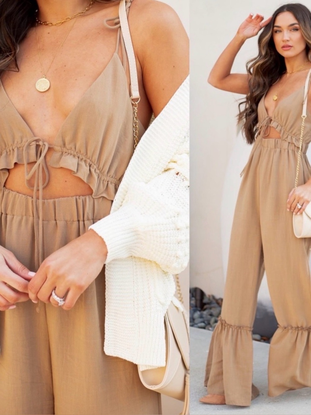Vici Cutout Ruffle Tie-Front Wide Leg Jumpsuit in Tan